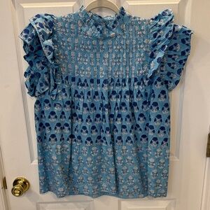 Oliphant Blue Floral Ruffle Sleeve Blouse size L